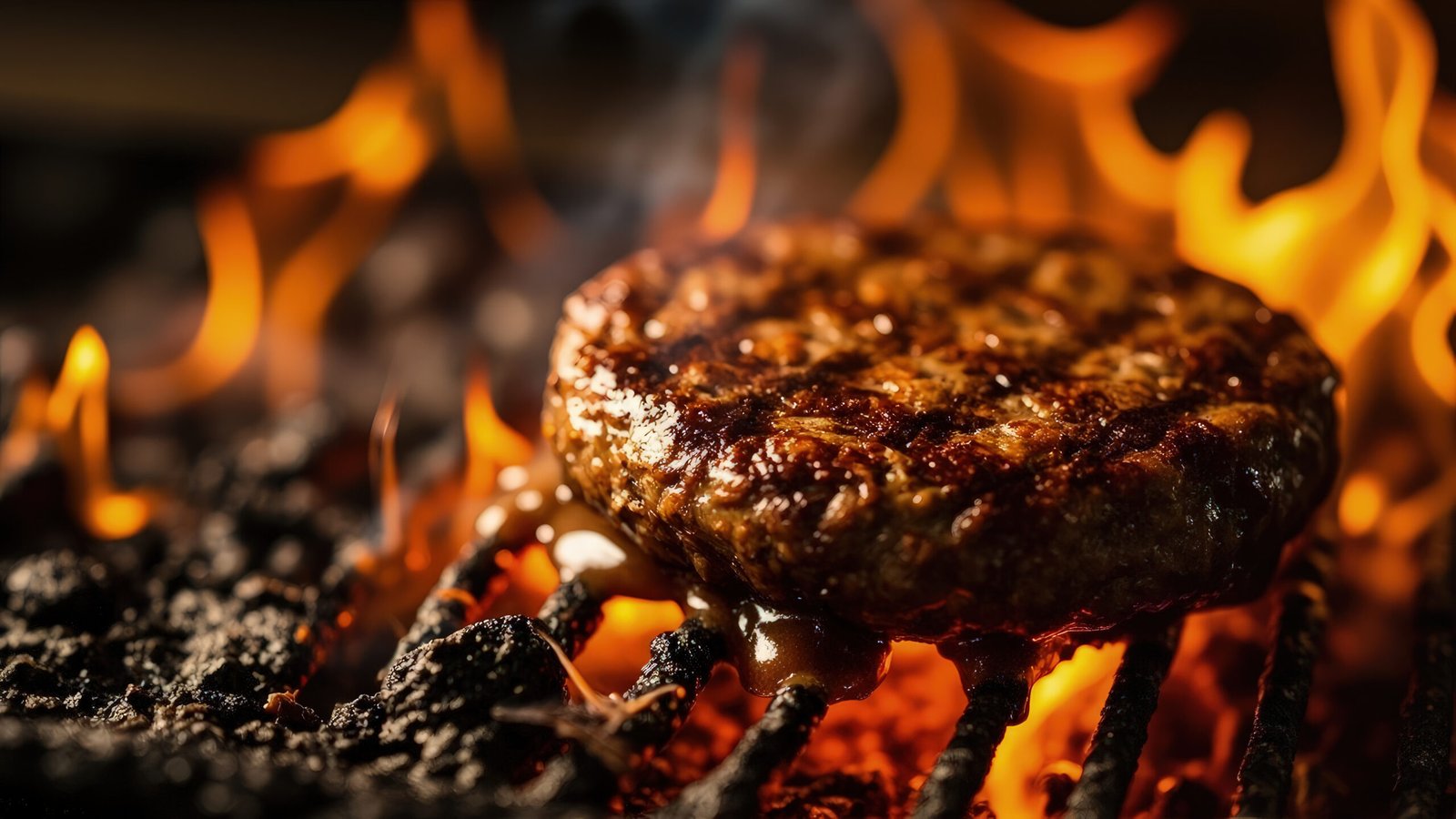A close-up shot features a grilled burger patty on a barbecue grill. The patty is brown and charred, with visible grill marks. Flames and smoke surround the patty, creating a warm and inviting atmosphere. The grill grates are black and the background is dark.